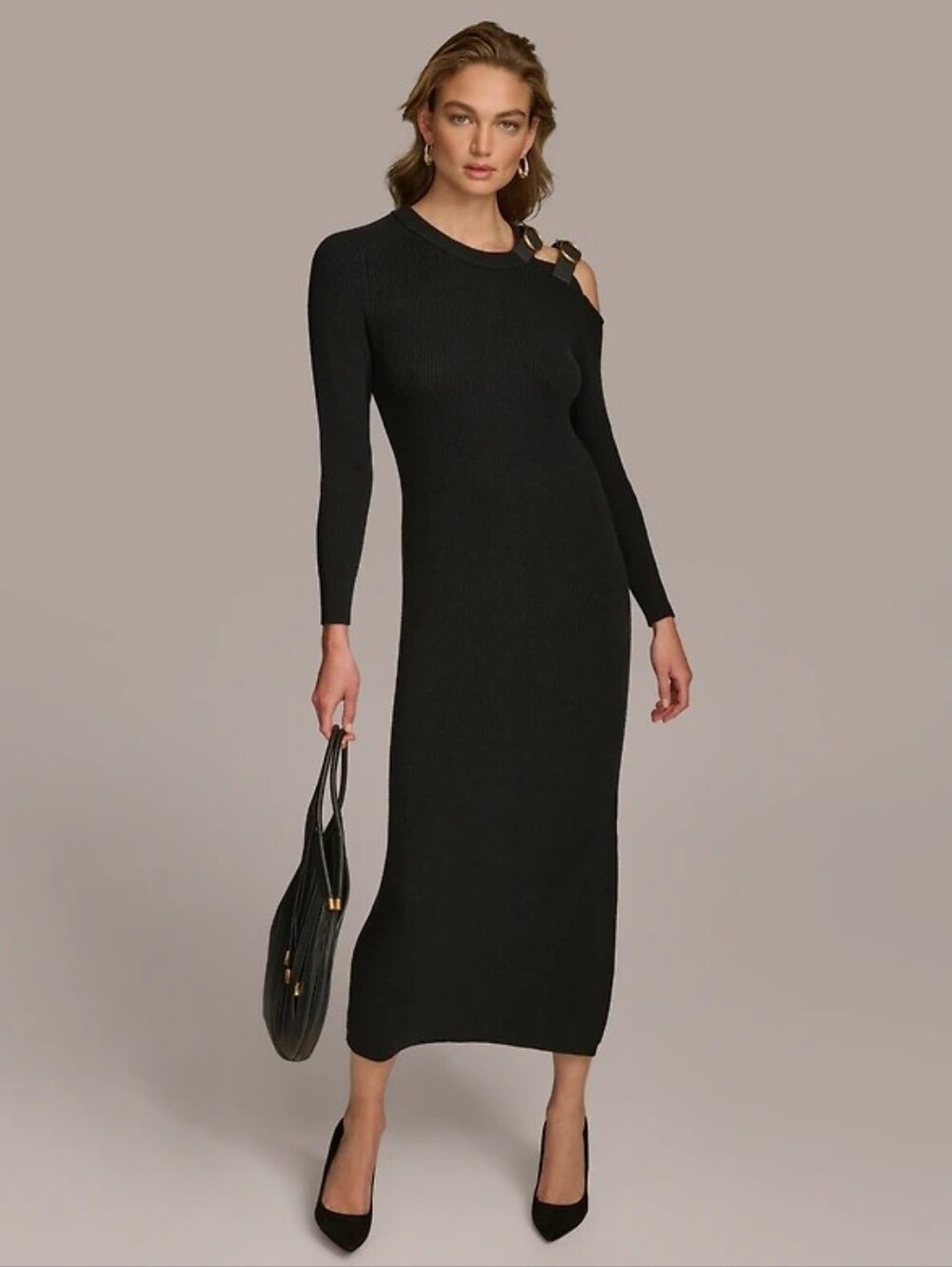 Donna Karan Black One-Shoulder Long Sleeve Knit Midi Dress